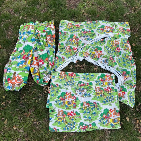Vintage 70s Smurfs Curtain Set 2 Valances 2 Long Curtians 2 Short Cartoon‎ Retro